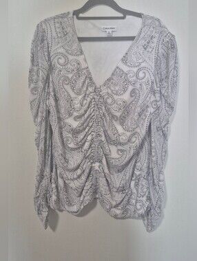 Calvin Klein White and Gray Paisley Ruched V-Neck Blouse